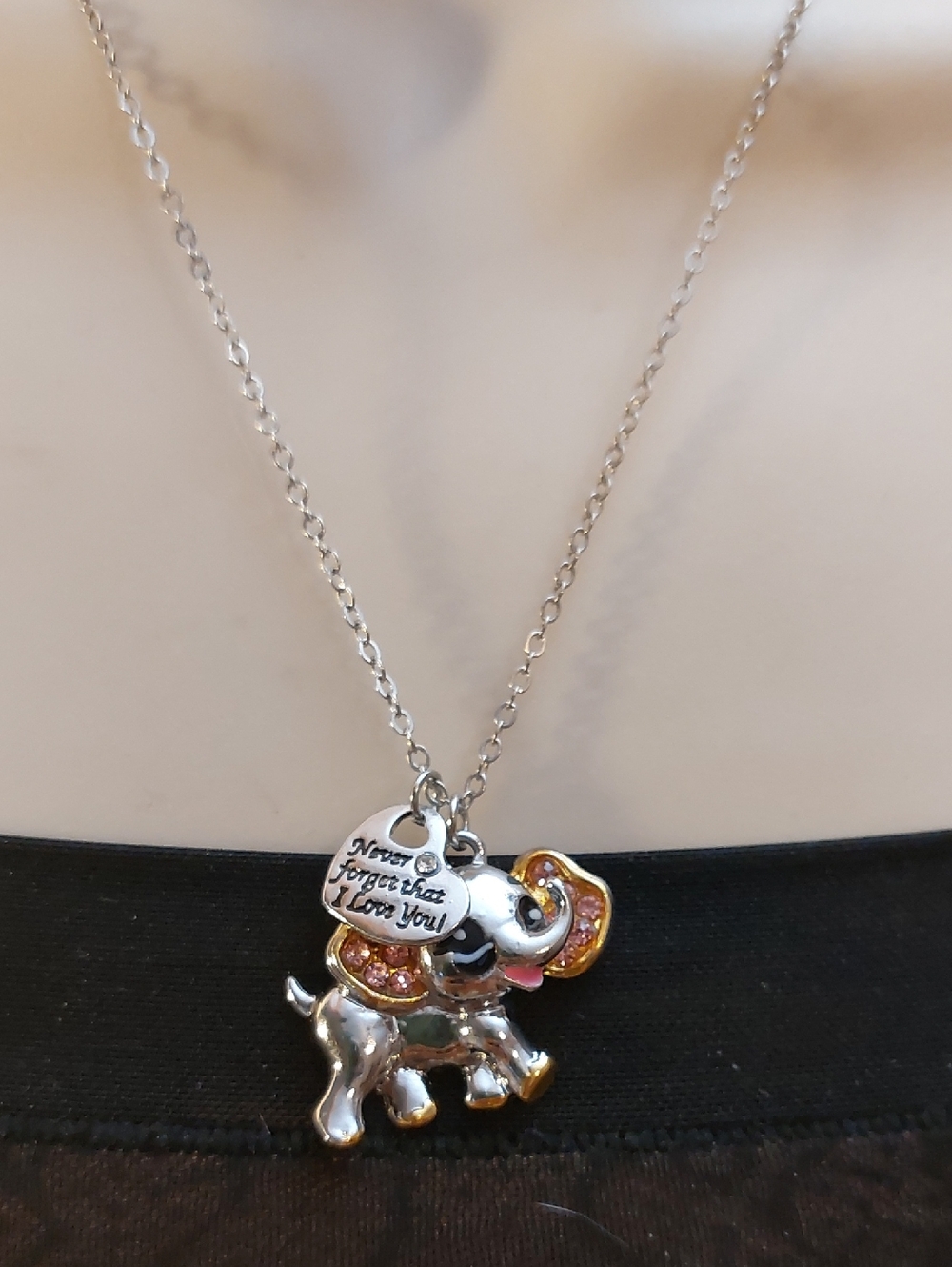 Never Forget That I Love You Dumbo Baby Elephant Rhinestone Pendant Necklace